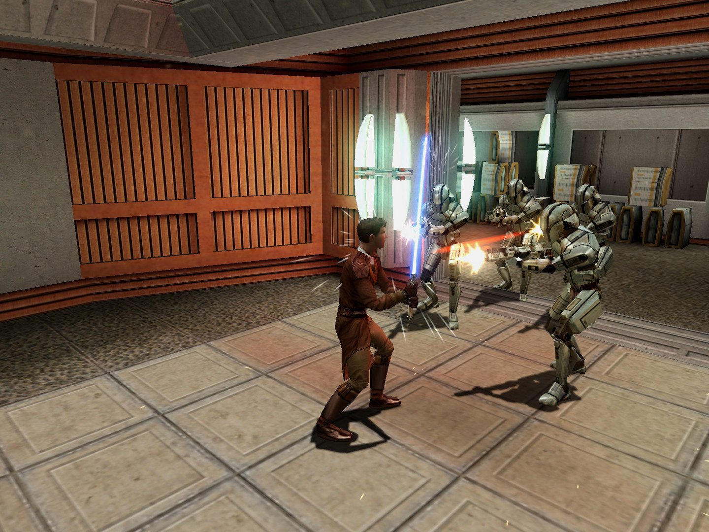 Джедай со световым мечом против боевых дроидов в Knights of the Old Republic
