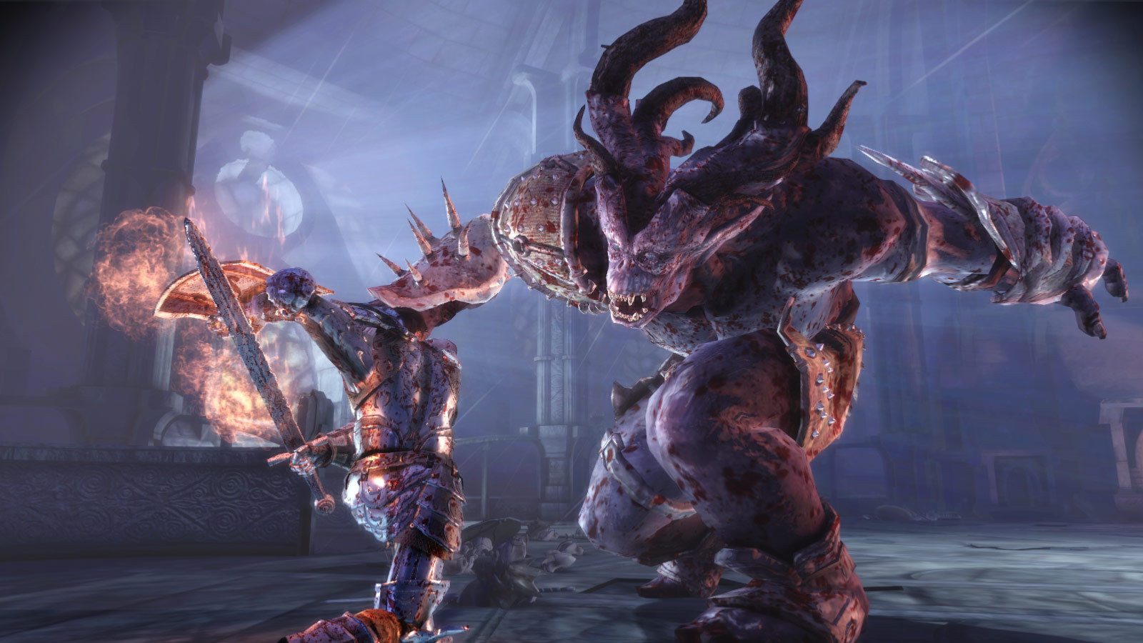 Серый страж с мечом против огромного огра в Dragon Age: Origins